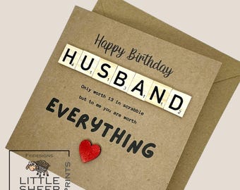 Husband Birthday scrabble sentiment card on thick quality card