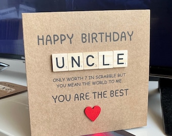 Best Uncle Birthday Card with wooden scrabble and wood heart on quality 6 x 6 inch card. Lovely quote on front.