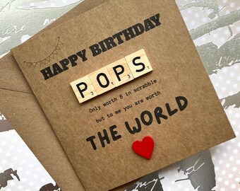 POPS Dad Birthday card, wooden scrabble sentiment card on thick quality 6 x 6 inch card with red wooden heart.