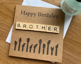 Brother birthday card in what variation you want, you choose title and theme , golf, guitar, football, fishing theme scrabble card