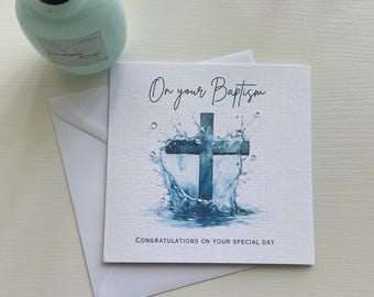 Adult or child  Baptism Card on 6x 6 inch linen white  cardstock. 3D Water Droplets. Blank inside for your own message.