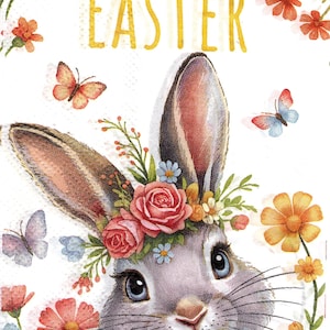 May include: A decorative image with a gray bunny wearing a floral crown, surrounded by colorful flowers and butterflies. The words "HAPPY EASTER" are written in yellow. A festive design for Easter.