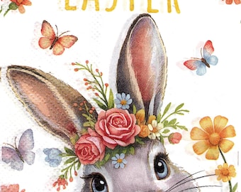 2 (Two) Paper Guest/Buffet Napkins for Decoupage/Mixed Media - Bunny with Flowers Easter