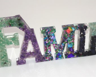 Word Decor "FAMILY" colorful, nature inspired and handmade with resin by BPW