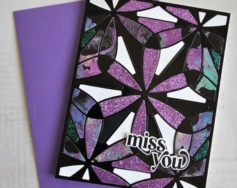 Miss You, sending hugs - Handmade Greeting Card purple and black pattern by BPW