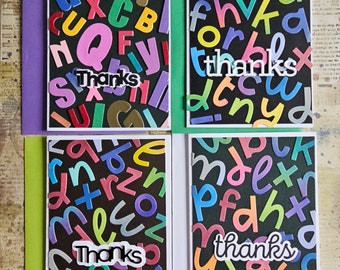 Teacher Thank-You Cards, Set of HANDMADE Notecards (4), with colorful alphabet letters, blank inside by BPW