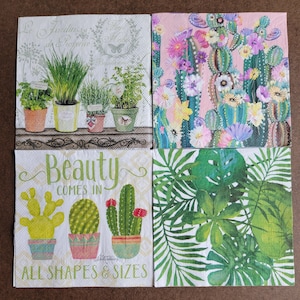 Lot of 4 Paper Lunch Napkins for Decoupage/Mixed Media - Plants and Cacti (242)
