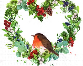 2 (Two) Paper Lunch Napkins for Decoupage/Mixed Media - Robin in Heart-shaped wreath bird