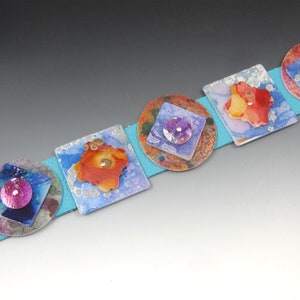 BRACELET Blue Green Leather and Shrink Plastic Layered Handmade by Barbara Poland-Waters
