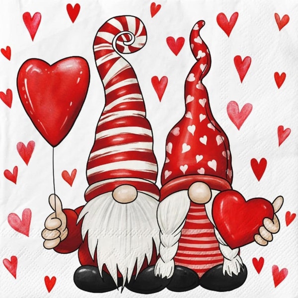 2 (Two) Paper Lunch Napkins for Decoupage/Mixed Media - Gnome Couple Valentine's Day love