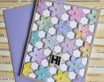 Hi - Handmade Greeting Card with Flowers in Pastel Colors, birthday message inside, by BPW