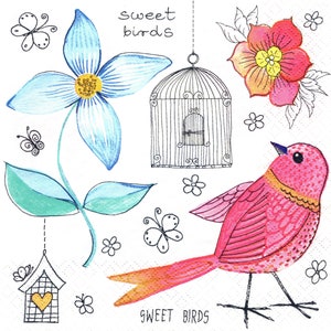 2 (Two) Paper Lunch Napkins for Decoupage/Mixed Media - Sweet Birds