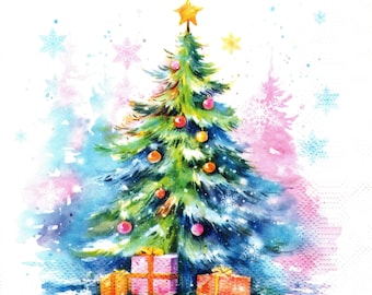 2 (Two) Paper Lunch Napkins for Decoupage/Mixed Media - Watercolor Christmas Tree