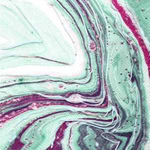 May include: Abstract painting with swirling patterns in shades of green, white, and pink. The paint has a textured, almost glittery appearance.