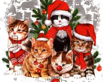 2 (Two) Paper Lunch Napkins for Decoupage/Mixed Media - Cat-Mas, kittens in hats christmas