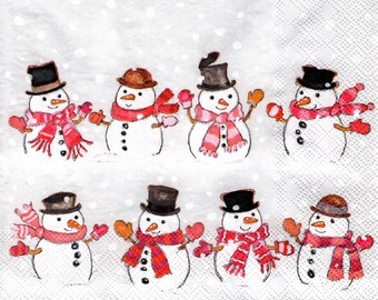 2 (Two) Paper Lunch Napkins for Decoupage/Mixed Media - Dancing Snowmen