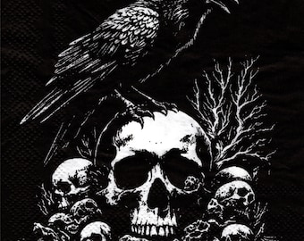 2 (Two) Paper Beverage/Cocktail Napkins for Decoupage/Mixed Media - Black Skull and Crow Halloween