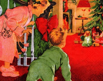 2 (Two) Paper Lunch Napkins for Decoupage/Mixed Media - Vintage Children Peeking at Tree