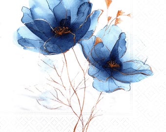 2 (Two) Paper Lunch Napkins for Decoupage/Mixed Media F - Elegant Blue Flowers with Gold accents