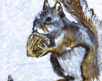 2 (Two) Paper Lunch Napkins for Decoupage/Mixed Media - Squirrel Portrait winter acorn eating