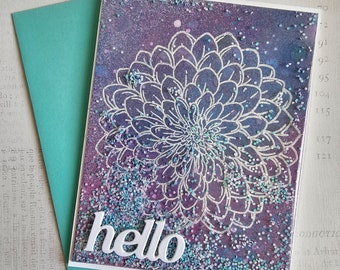 Hello, Thinking of You - Handmade Purple Floral Shaker Greeting Card Notecard by BPW