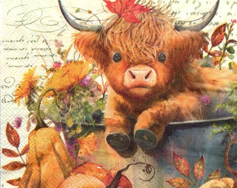 2 (Two) Paper Lunch Napkins for Decoupage/Mixed Media - Highland Calf in Autumn