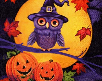 2 (Two) Paper Lunch Napkins for Decoupage/Mixed Media - Halloween Owl