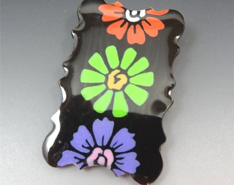 PENDANT NECKLACE Black with Flowers Shrink Plastic Handmade by BPW