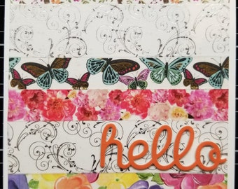 Hello - Handmade Greeting Card with Horizontal Stripes different patterns, Notecard, blank inside by BPW