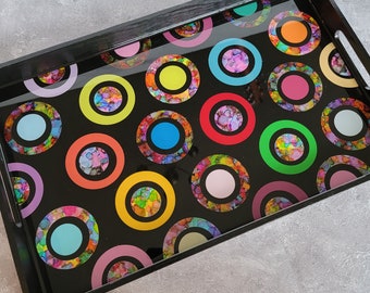 Dots in Circles - Colorful Design on Wood & Resin - Serving Tray - Handmade by BPW
