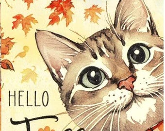 2 (Two) Paper Guest/Buffet Napkins for Decoupage/Mixed Media - Hello Fall cat