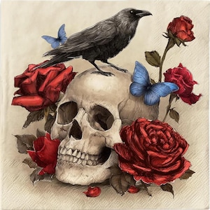 May include: Illustration of a human skull with a black crow perched on top. Red roses and blue butterflies surround the skull. The artwork has a vintage, gothic aesthetic.