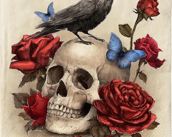 2 (Two) Paper Lunch Napkins for Decoupage/Mixed Media - Skull with Crow and Roses Halloween