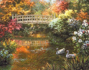 2 (Two) Paper Lunch Napkins for Decoupage/Mixed Media F - White Swans and Bridge