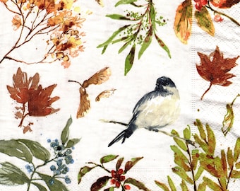 2 (Two) Paper Lunch Napkins for Decoupage/Mixed Media - Autumn Chickadee
