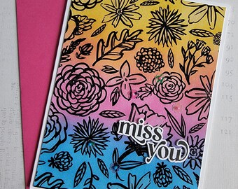 Miss You - Handmade Rainbow Blend Floral Flowers Greeting Card Notecard, blank inside by BPW