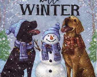 2 (Two) Paper Beverage/Cocktail Napkins for Decoupage/Mixed Media - Winter Dogs