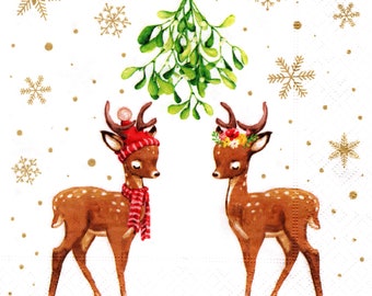 2 (Two) Paper Lunch Napkins for Decoupage/Mixed Media - Sweet Deer under Mistletoe