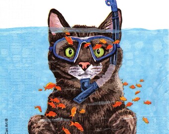 2 (Two) Paper Lunch Napkins for Decoupage/Mixed Media - Cousteau the Cat scuba diver