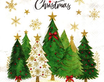 2 (Two) Paper Beverage/Cocktail Napkins for Decoupage/Mixed Media - Christmas Trees