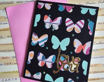 Love You - Handmade Greeting Card Butterfly pattern Notecard, blank inside by BPW
