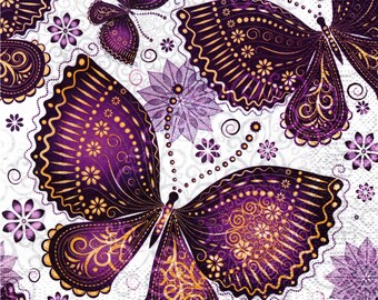 2 (Two) Paper Lunch Napkins for Decoupage/Mixed Media - Purple Butterflies