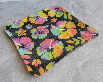 Rainbow Hibiscus on Black - Square Curved Corners Glass Platter by BPW