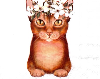 2 (Two) Paper Lunch Napkins for Decoupage/Mixed Media - Lady Cat with Floral Headdress
