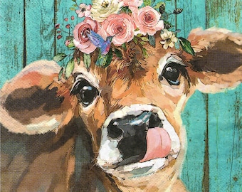 2 (Two) Paper Lunch Napkins for Decoupage/Mixed Media - Highland Cow with Flowers