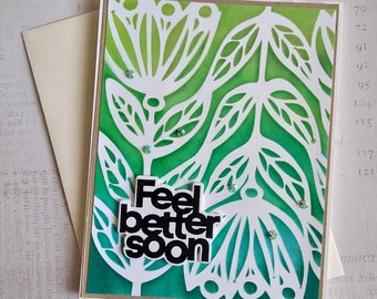 Feel Better Soon - Handmade Greeting Card green leaf pattern Notecard, blank inside by BPW