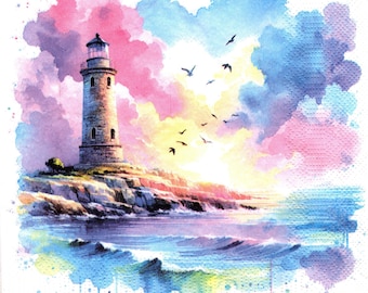 2 (Two) Paper Lunch Napkins for Decoupage/Mixed Media F - Watercolor Lighthouse