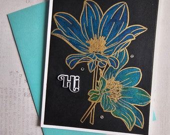Hi - Hand-painted Handmade Shimmery Blue Watercolor Flowers Greeting Card Notecard, blank inside by BPW