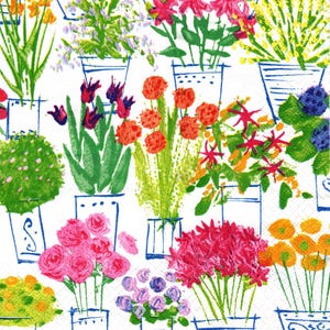 May include: A white paper napkin featuring a repeating pattern of various potted flowers in vibrant colors including pink, orange, red, purple, and green. The illustrations are rendered in a painterly style with blue outlined pots.