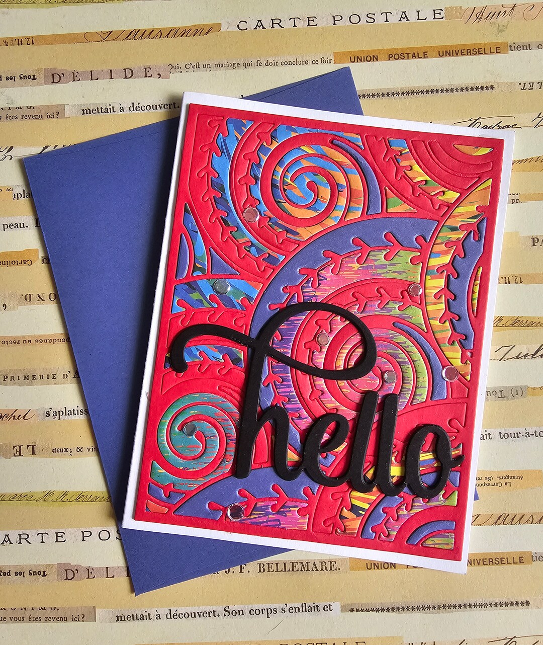 Hello - Handmade Greeting Card With Red Swirl Pattern, Blank Inside by ...